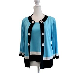 Ming Wang NWOT Knit Twinset Jacket & Tank Top Teal/ Navy Size PM